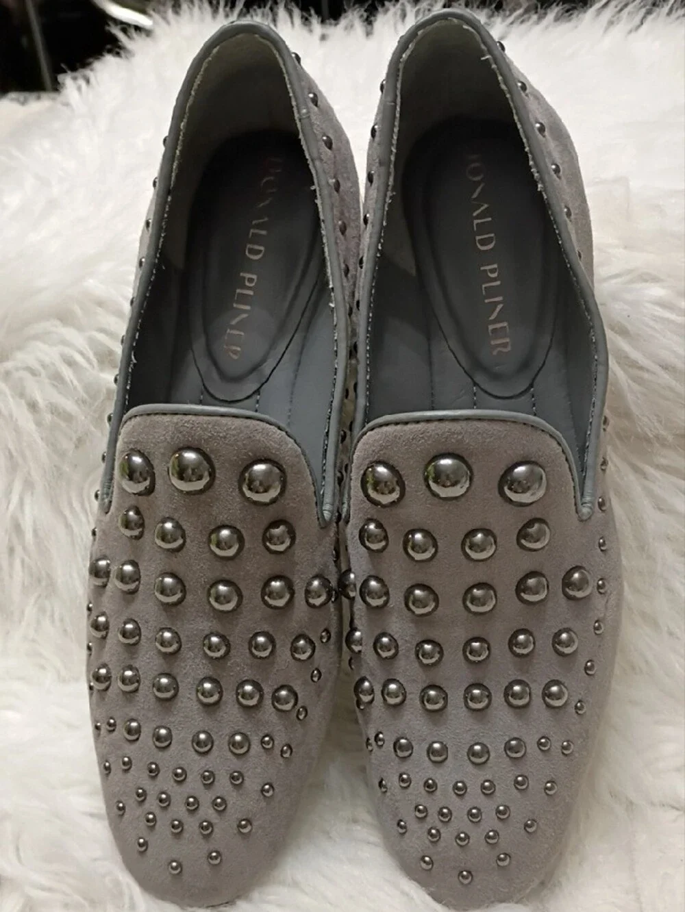 Women's Donald Pliner Rebel 2 Pewter Studded Suede Loafers in Gray 7M